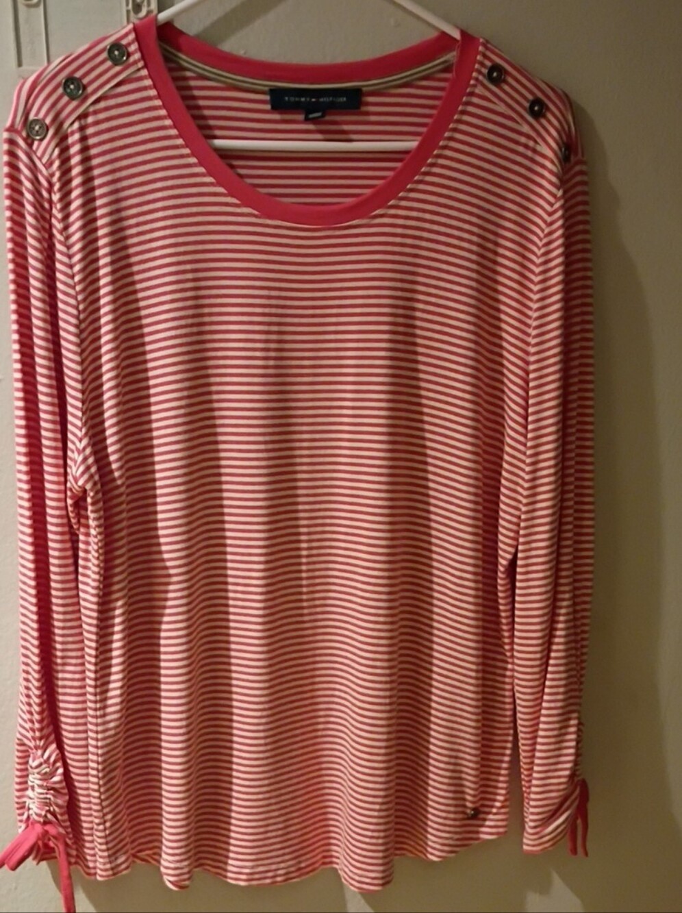 Tommy Hilfiger XL Coral and White Striped Long-Sleeve Tee with Button Shoulder